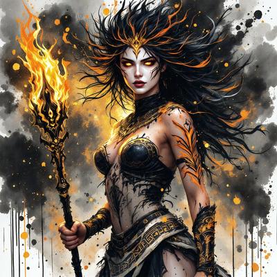 The primary subject of the image is a woman with long black hair, wearing a black and gold outfit. She is holding a staff and appears to be a warrior or a character from a fantasy world. The setting is a dark and moody environment, with a backdrop of a black and orange background. The visual style is a digital art or illustration, with a focus on the woman's character and the intricate details of her outfit. The colors and mood of the image are dark and dramatic, with